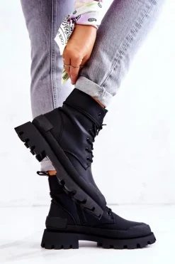 Boto Botki Sznurowane|Czarne Botki*Skórzane Ocieplane Botki Wiązane Czarne Racquell