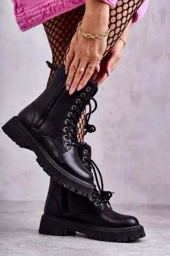 Damskie Evento Skórzane Ocieplane Botki Workery wiązane Czarne Maria