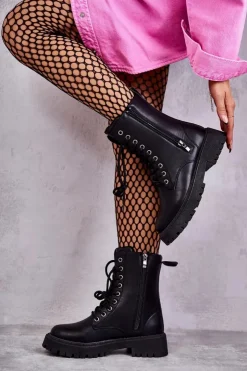 Damskie Evento Skórzane Ocieplane Botki Workery wiązane Czarne Maria