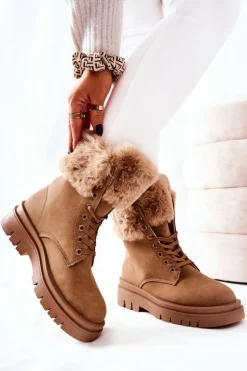 Boto Damskie Trapery|Botki Sznurowane*Skórzane Ocieplane Botki Z Futerkiem Beżowe Farley