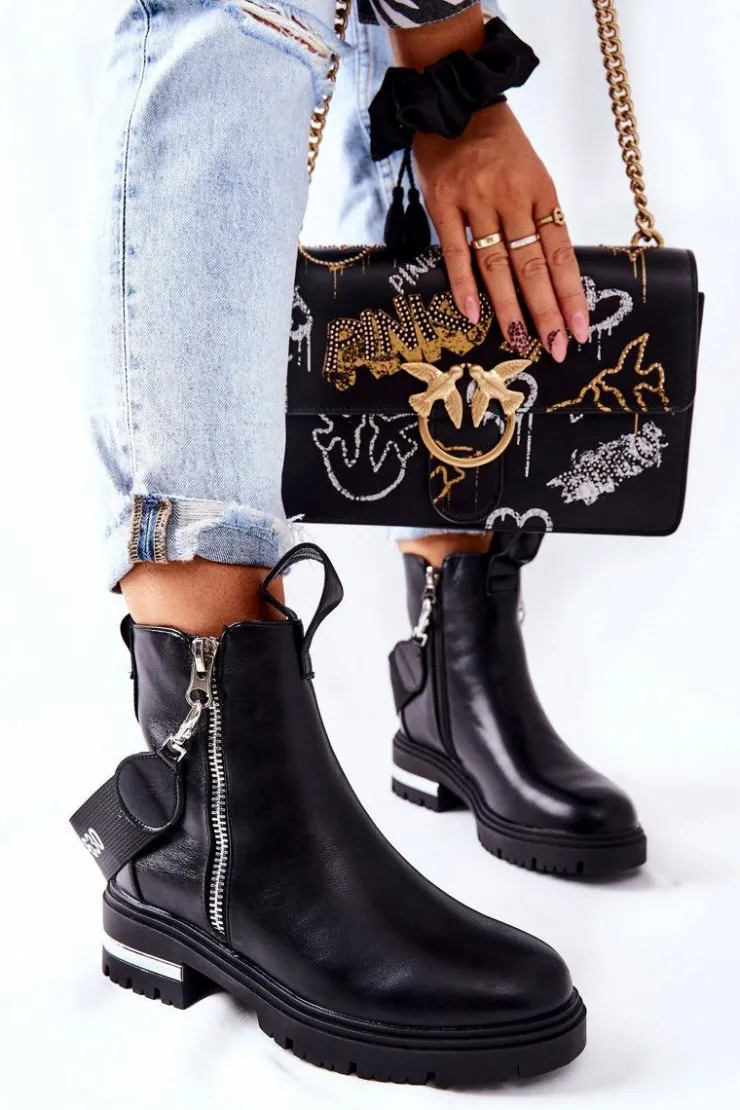 Damskie Boto Skórzane Ocieplane Botki Z Suwakiem Czarne Cortona