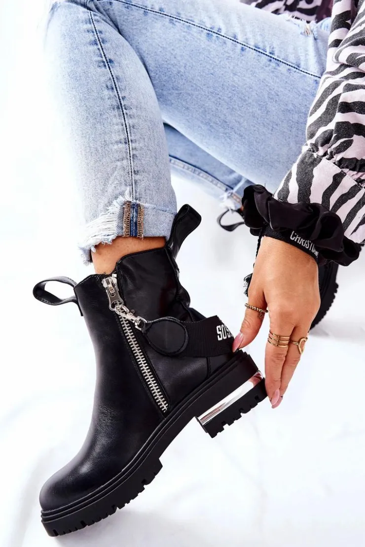 Damskie Boto Skórzane Ocieplane Botki Z Suwakiem Czarne Cortona