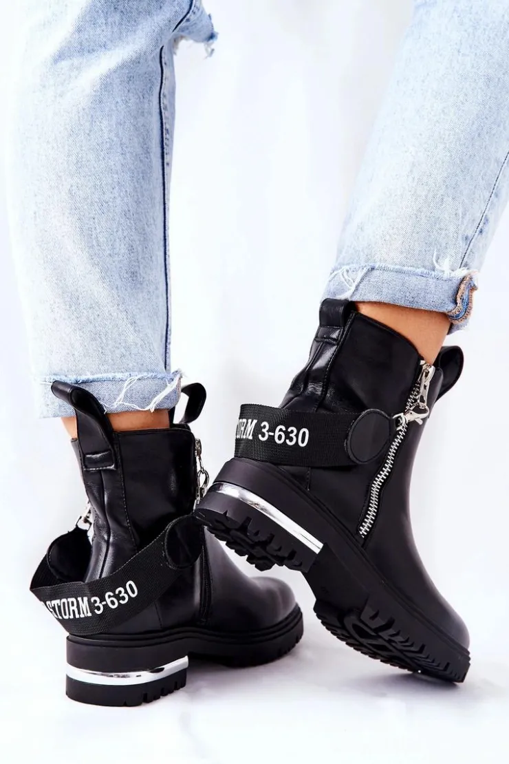 Damskie Boto Skórzane Ocieplane Botki Z Suwakiem Czarne Cortona