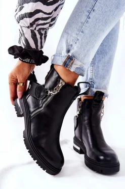 Damskie Boto Skórzane Ocieplane Botki Z Suwakiem Czarne Cortona