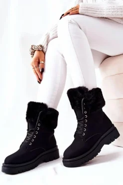 Damskie Boto Skórzane Ocieplane Botki Z Futerkiem Czarne Farley