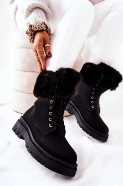 Damskie Boto Skórzane Ocieplane Botki Z Futerkiem Czarne Farley