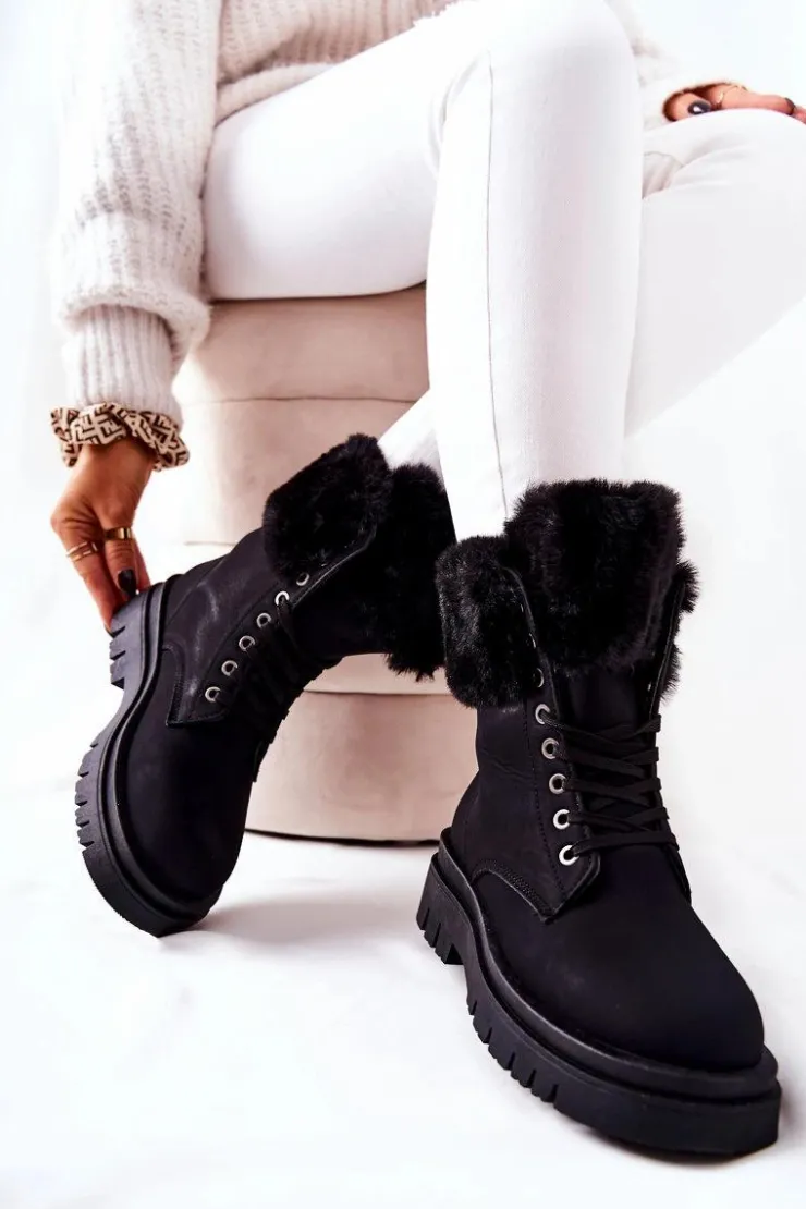 Damskie Boto Skórzane Ocieplane Botki Z Futerkiem Czarne Farley
