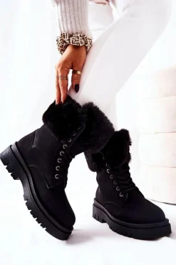 Damskie Boto Skórzane Ocieplane Botki Z Futerkiem Czarne Farley