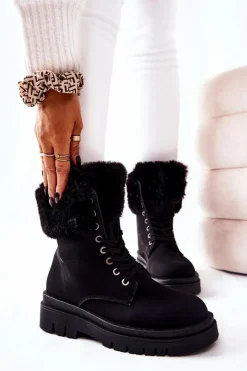 Damskie Boto Skórzane Ocieplane Botki Z Futerkiem Czarne Farley