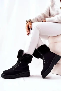 Damskie Boto Skórzane Ocieplane Botki Z Futerkiem Czarne Farley