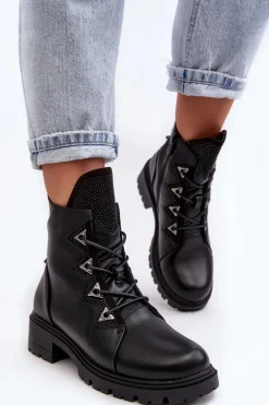 Discount Damskie buty S.Barski Skórzane Ocieplane Botki Z Dżetami Czarne Gwen S.Barski HY93-52A