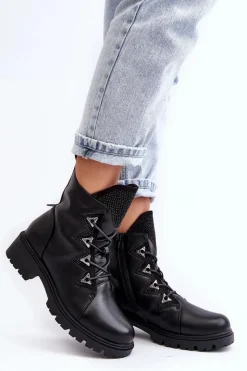 Discount Damskie buty S.Barski Skórzane Ocieplane Botki Z Dżetami Czarne Gwen S.Barski HY93-52A