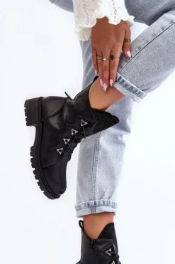 Discount Damskie buty S.Barski Skórzane Ocieplane Botki Z Dżetami Czarne Gwen S.Barski HY93-52A