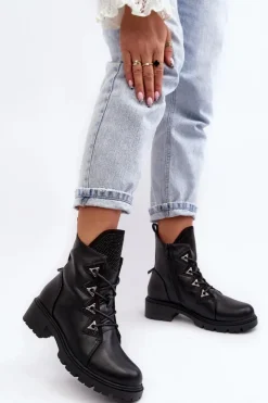 Discount Damskie buty S.Barski Skórzane Ocieplane Botki Z Dżetami Czarne Gwen S.Barski HY93-52A