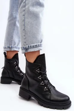 Discount Damskie buty S.Barski Skórzane Ocieplane Botki Z Dżetami Czarne Gwen S.Barski HY93-52A