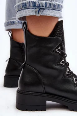 Discount Damskie buty S.Barski Skórzane Ocieplane Botki Z Dżetami Czarne Gwen S.Barski HY93-52A