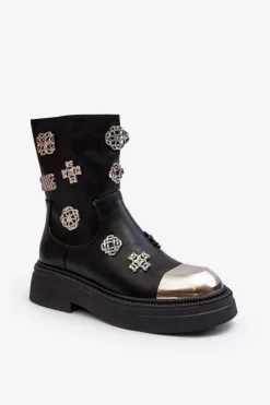 Damskie Damskie buty S.Barski Skórzane Ocieplane Botki Z Ozdobami D&A MR870-14A Czarne