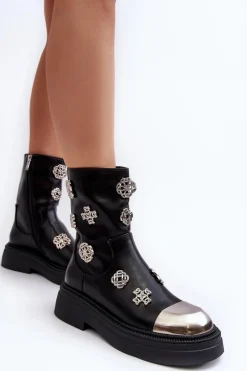 Damskie Damskie buty S.Barski Skórzane Ocieplane Botki Z Ozdobami D&A MR870-14A Czarne