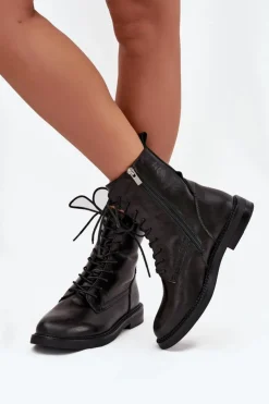 Discount Big Star Shoes Skórzane Ocieplane Damskie Botki Workery Big Star SS274480 Czarne