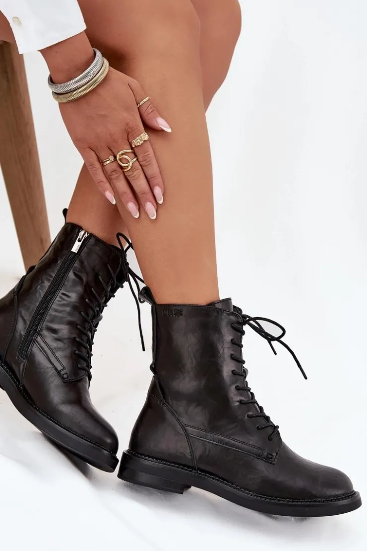 Discount Big Star Shoes Skórzane Ocieplane Damskie Botki Workery Big Star SS274480 Czarne