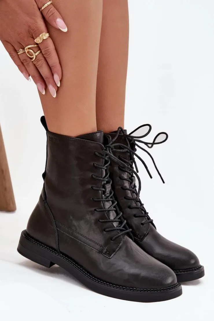 Discount Big Star Shoes Skórzane Ocieplane Damskie Botki Workery Big Star SS274480 Czarne