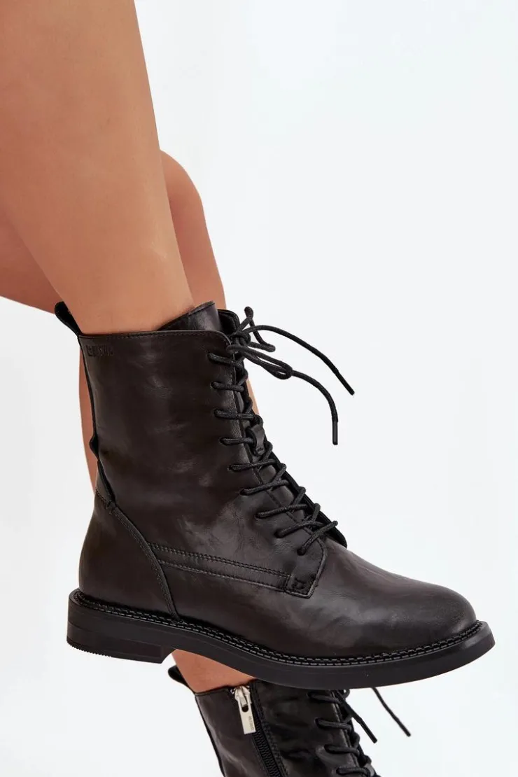 Discount Big Star Shoes Skórzane Ocieplane Damskie Botki Workery Big Star SS274480 Czarne