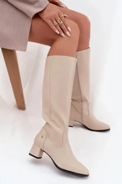 Maciejka Kozaki Ocieplane|Muszkieterki*Skórzane Ocieplane Kozaki Damskie Na Obcasie A7165-04 Beżowe Beżowy