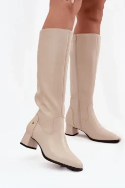 Maciejka Kozaki Ocieplane|Muszkieterki*Skórzane Ocieplane Kozaki Damskie Na Obcasie A7165-04 Beżowe Beżowy