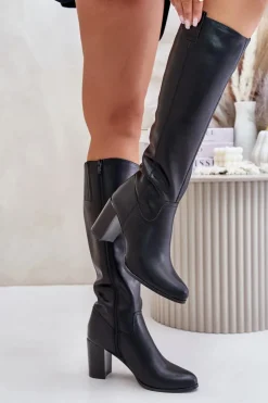 Damskie Buty Sergio Leone Skórzane Ocieplane Kozaki Na Słupku Sergio Leone KZ230-S Czarne