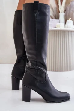 Damskie Buty Sergio Leone Skórzane Ocieplane Kozaki Na Słupku Sergio Leone KZ230-S Czarne