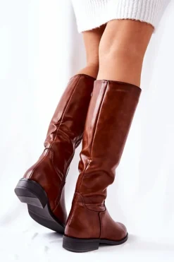 Damskie Boto Skórzane Ocieplane Kozaki Brązowe Estil