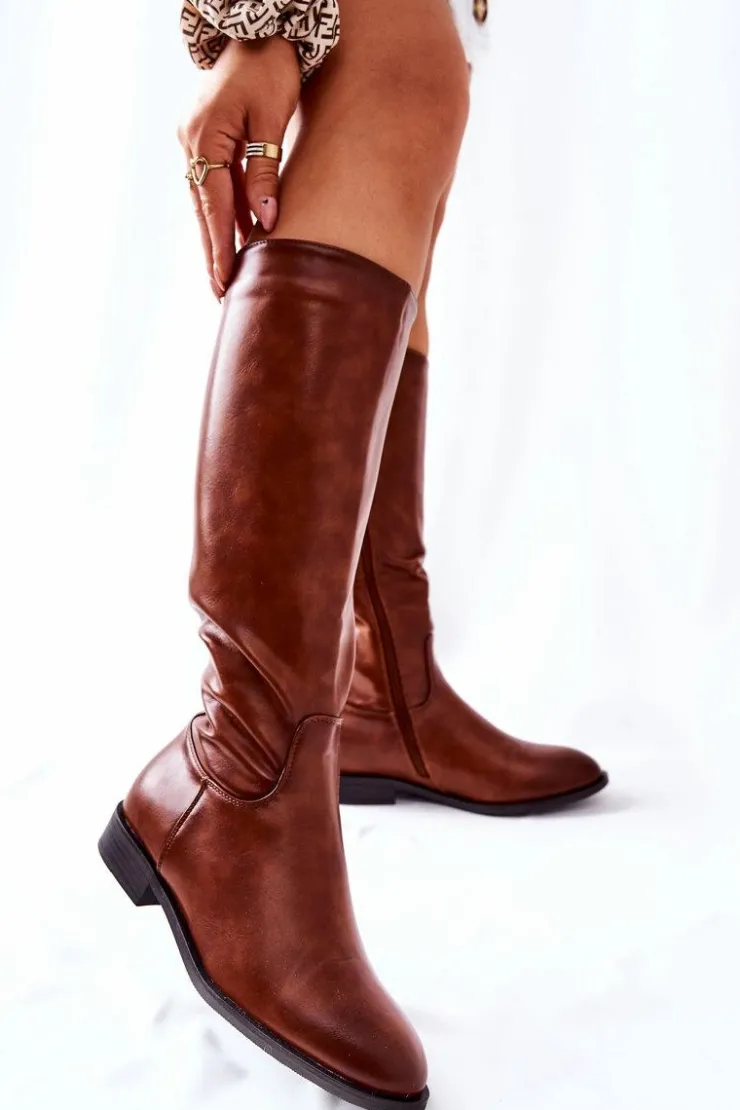 Damskie Boto Skórzane Ocieplane Kozaki Brązowe Estil