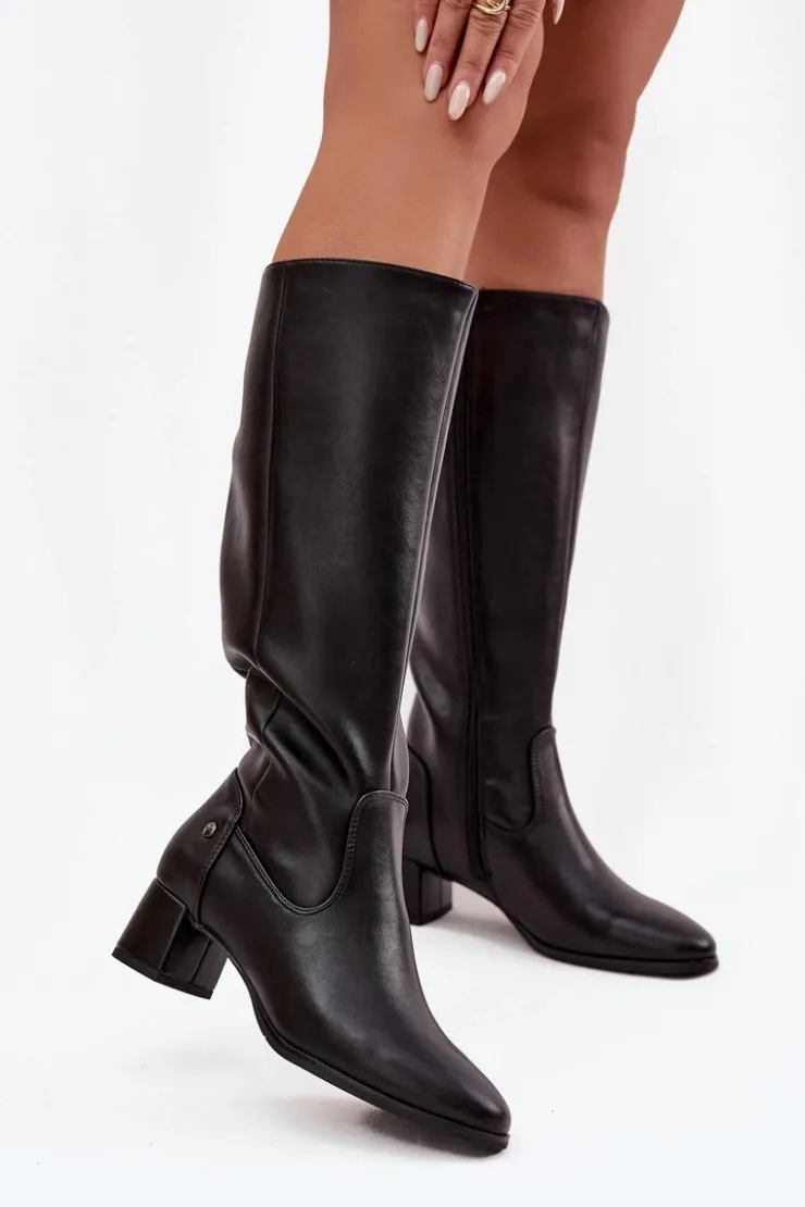 Online Maciejka Skórzane Ocieplane Kozaki Damskie Na Obcasie A7165-01 Czarne Czarny