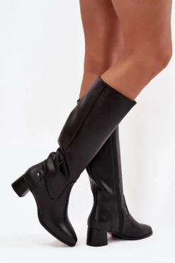 Online Maciejka Skórzane Ocieplane Kozaki Damskie Na Obcasie A7165-01 Czarne Czarny