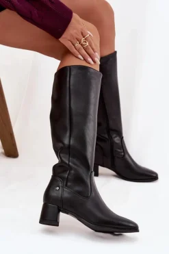 Online Maciejka Skórzane Ocieplane Kozaki Damskie Na Obcasie A7165-01 Czarne Czarny