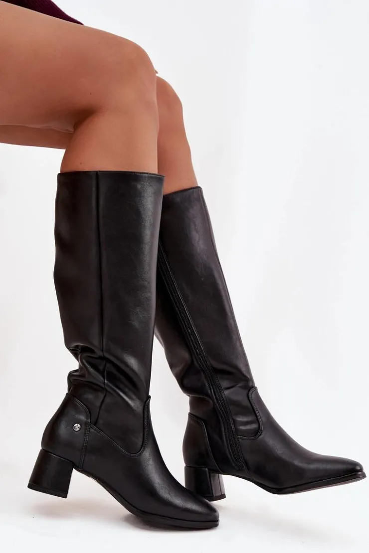 Online Maciejka Skórzane Ocieplane Kozaki Damskie Na Obcasie A7165-01 Czarne Czarny