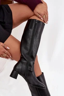 Online Maciejka Skórzane Ocieplane Kozaki Damskie Na Obcasie A7165-01 Czarne Czarny