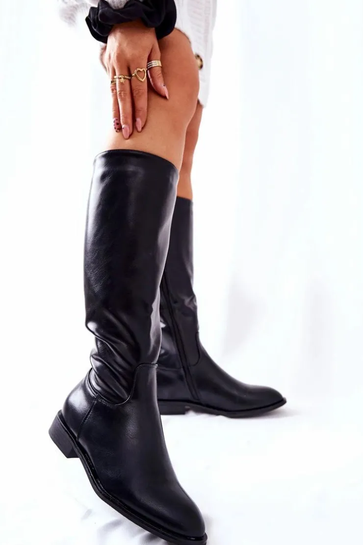 Clearance Boto Skórzane Ocieplane Kozaki Czarne Estil