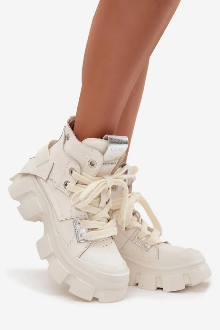 Damskie GOE Skórzane Ocieplane Sportowe Botki SS2N4055 Białe