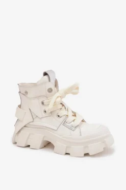 Damskie GOE Skórzane Ocieplane Sportowe Botki SS2N4055 Białe