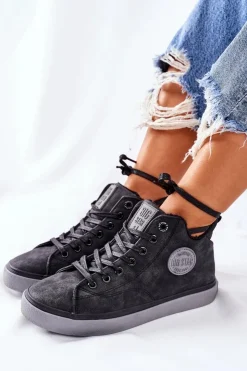 Damskie Big Star Shoes Skórzane Ocieplane Trampki Big Star II274148 Czarne