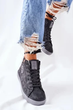 Damskie Big Star Shoes Skórzane Ocieplane Trampki Big Star II274148 Czarne