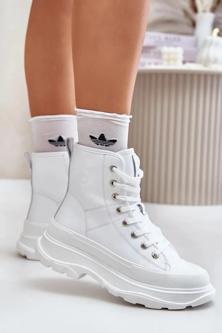 Damskie Big Star Shoes Skórzane Ocieplane Trampki Na Masywnej Platformie Big Star OO274A598 Białe