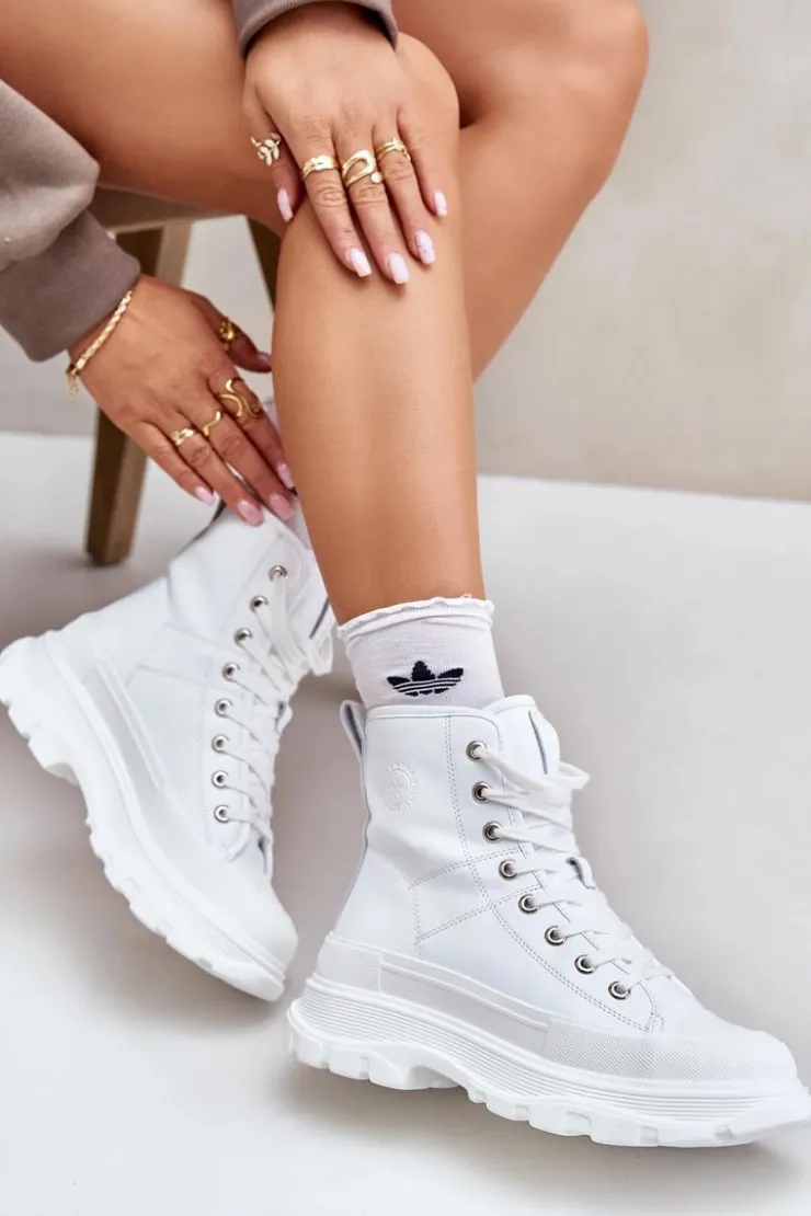 Damskie Big Star Shoes Skórzane Ocieplane Trampki Na Masywnej Platformie Big Star OO274A598 Białe