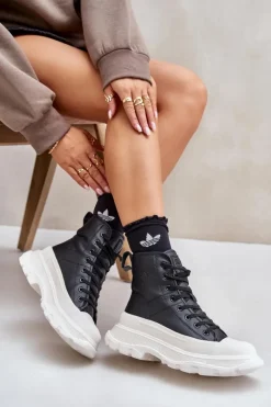 Hot Big Star Shoes Skórzane Ocieplane Trampki Na Masywnej Platformie Big Star OO274A599 Czarne Czarny