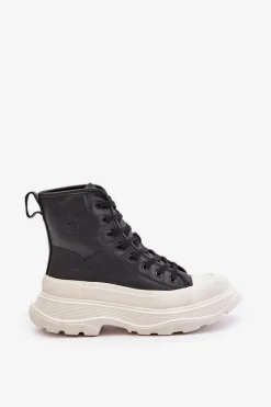 Hot Big Star Shoes Skórzane Ocieplane Trampki Na Masywnej Platformie Big Star OO274A599 Czarne Czarny