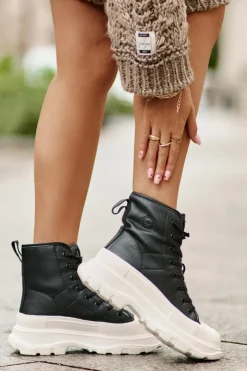 Hot Big Star Shoes Skórzane Ocieplane Trampki Na Masywnej Platformie Big Star OO274A599 Czarne Czarny