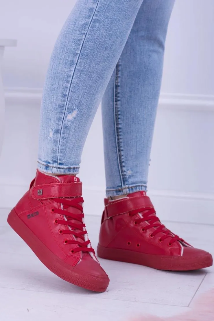 Damskie Big Star Shoes Skórzane Ocieplane Trampki BIG STAR V274529FW Czerwone