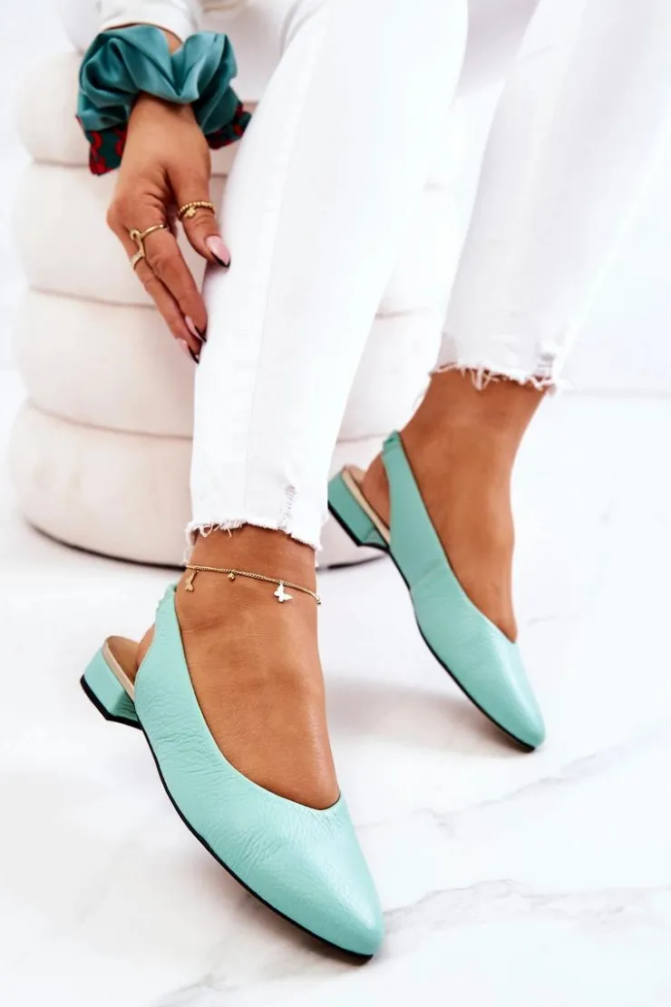 Damskie Boto Skórzane Odkryte Baleriny Na Obcasie Zielone Noreen