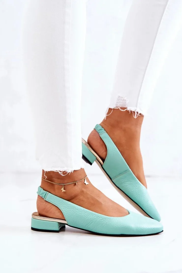 Damskie Boto Skórzane Odkryte Baleriny Na Obcasie Zielone Noreen